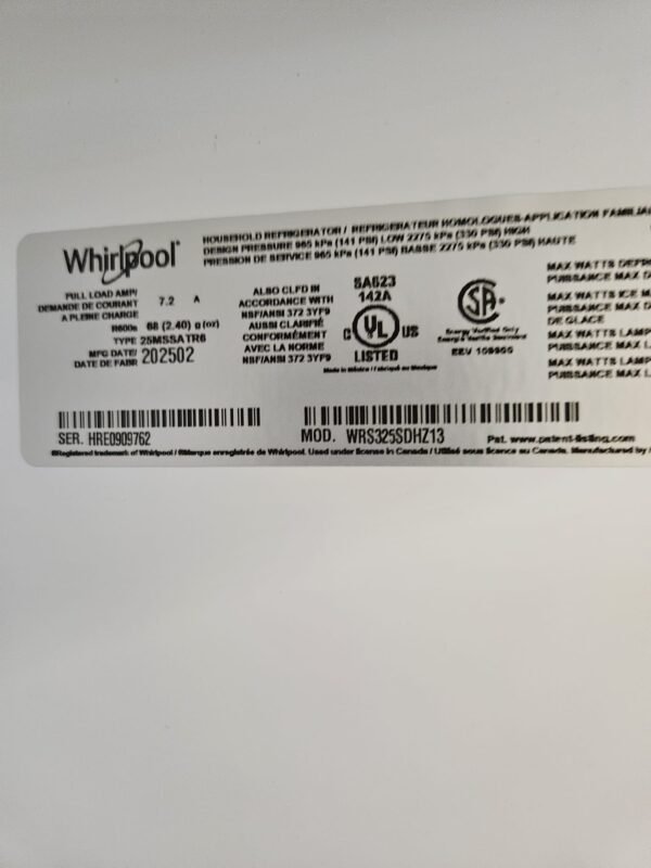 Whirlpool WRS325SDHZ13 New Freestanding Side by Side Fridge- Stainless Steel - Image 4
