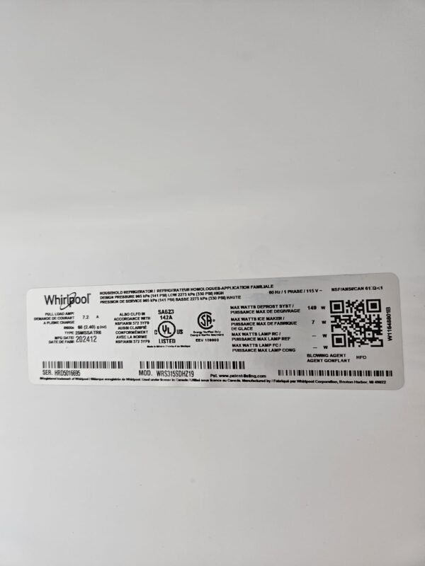 Whirlpool WRS315SDHZ19 New 36 Inch Side by Side Refrigerator- Stainless Steel - Image 7