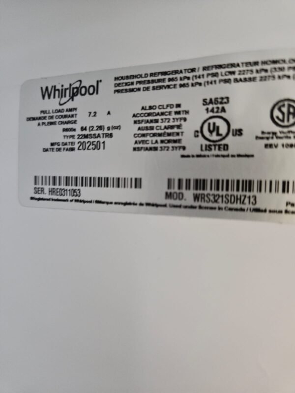 Whirlpool WRS321SDHZ13 New 33 Inch Side by Side Refrigerator- Stainless Steel - Image 9