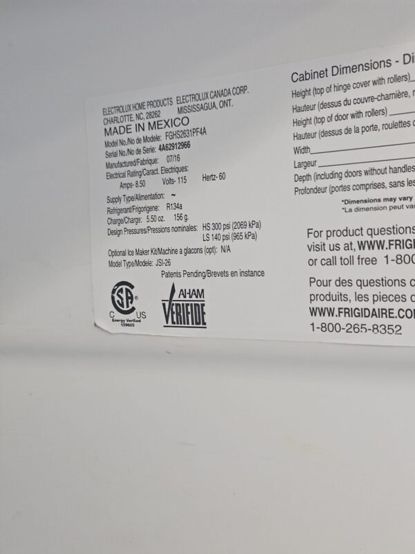 Frigidaire FGHS2631PF Used 36 Inch Side-by-Side Refrigerator- Stainless Steel - Image 6