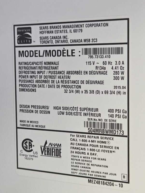 Kenmore Elite 33 Inch 795.73133.410 French door Refrigerator - Image 6