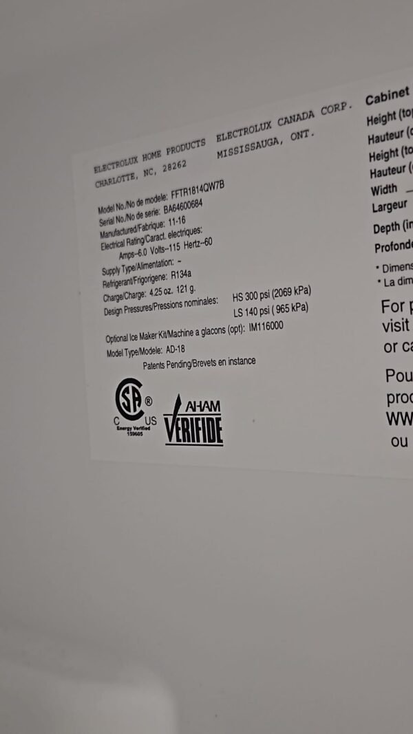 Frigidaire FFTR1814QW7B Used 30 Inch Top-Freezer Refrigerator- White - Image 5