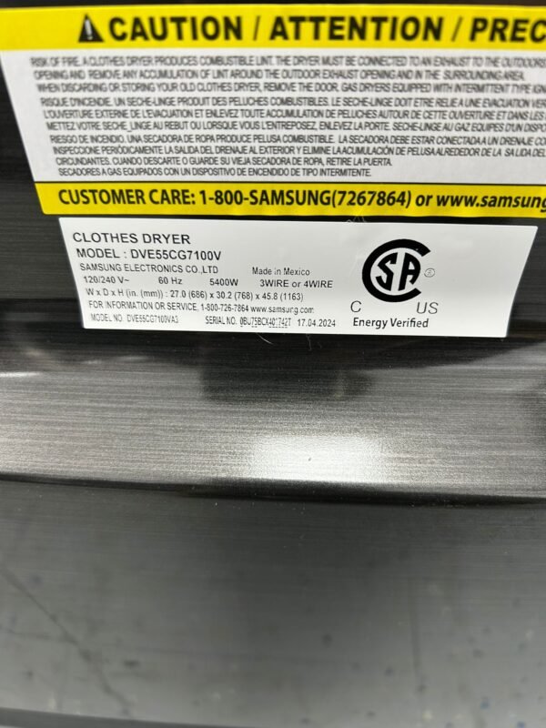Samsung DVE55CG7100V 27 Inch Smart Electric Dryer- Black Stainless Steel - Image 4